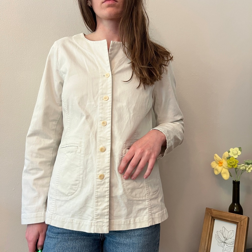 Eileen Fisher Spring Jacket White Cotton Button Front Collarless Blazer Sz Small